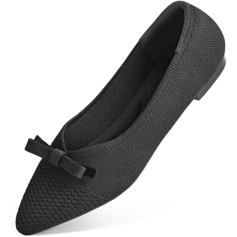 Black Suede Flats Bow Knit Round Toe Comfortable Ballet Flats for Office Work
